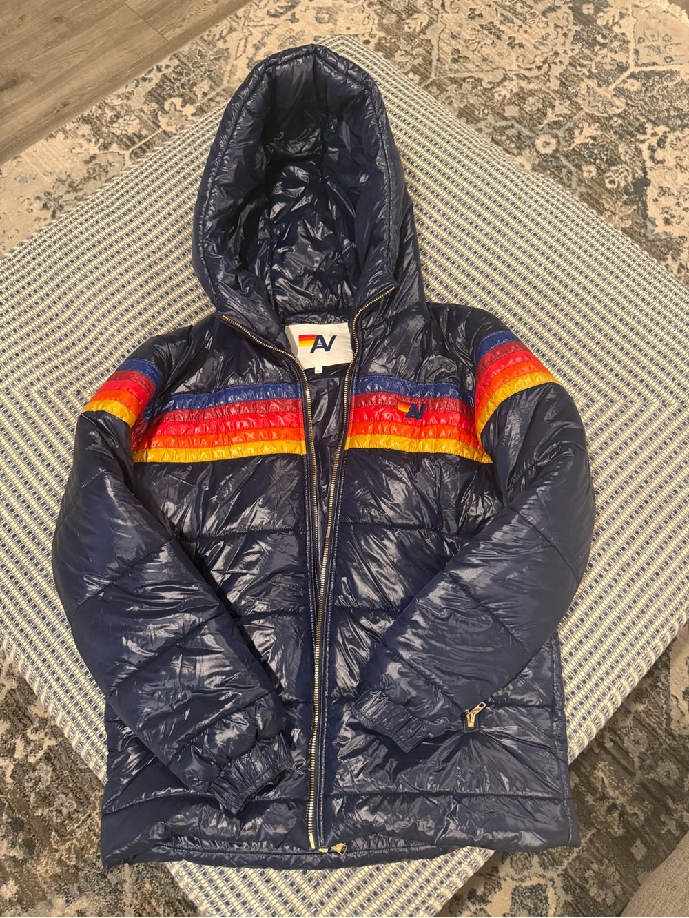 Aviator Nation Navy Hooded Puffer with Rainbow Chest Stripes